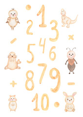 Watercolor childish poster with cute animals and numbers. Baby characters in beige colors. Children room decor. Perfect for invitations, greeting cards,  Baby shower