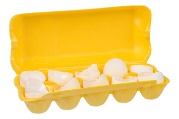 Eggshell in a yellow plastic box on an isolated background