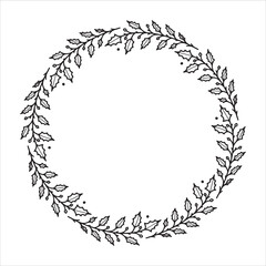 Hand drawn Christmas wreath. Round floral frame for invitations, posters, greeting cards, web, frame art.