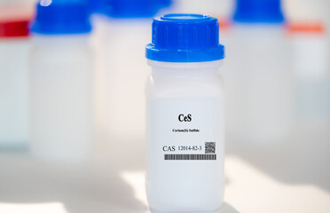 CeS cerium(II) sulfide CAS 12014-82-3 chemical substance in white plastic laboratory packaging