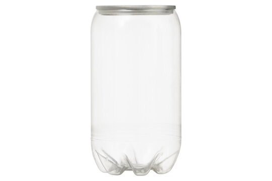 Front view of a transparent plastic beverage can highlighted on a white background
