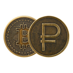 bitcoin coin and Ruble coin on a white background. The ruble overrides Bitcoin