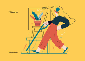 Lifestyle series - Tidying up, housekeeping - modern flat vector illustration of a woman cleaning the floor with a vacuum cleaner. People activities concept
