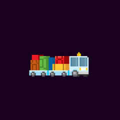 Fototapeta na wymiar Airport baggage cart. Pixel art. Old school computer graphic. Element design stickers, logo, mobile app, menu. 8 bit video game. Game assets 8-bit sprite. 16-bit.