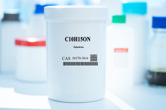 C10H15ON ephedrine CAS 56370-30-0 chemical substance in white plastic laboratory packaging