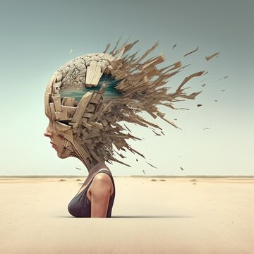 woman in the desert with her head exploding digital illustration 