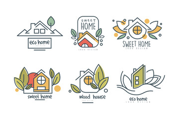 Eco Home or Eco-house Logo Design with Green Leaf Vector Set