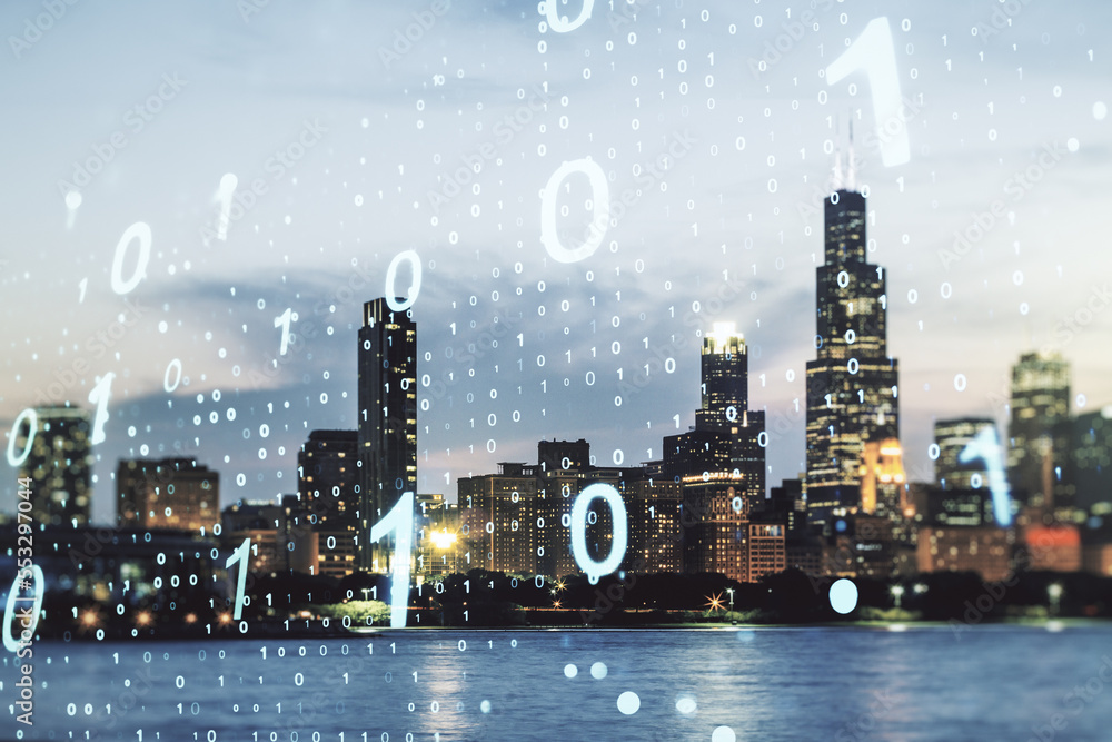 Aufkleber Double exposure of abstract virtual binary code hologram on Chicago city skyscrapers background. Database and programming concept