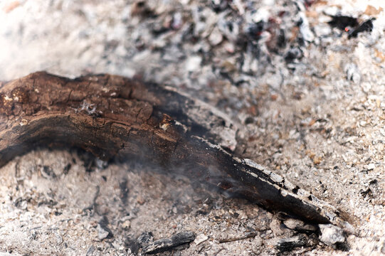 Close-up of the embers of a bonfire with abundant ash.