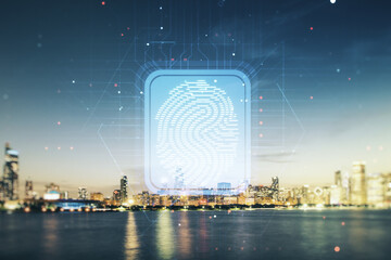 Abstract virtual fingerprint illustration on Chicago cityscape background, personal biometric data concept. Multiexposure