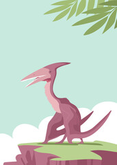 Ancient flying large pangolin pterosaur on top of a rock. Predatory dinosaur pteranodon of the Jurassic period. Prehistoric animal. cartoon vector illustration © Mikhail