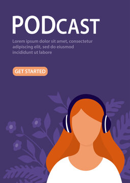 The Girl Listens To Music With Headphones. Head No Face Style. Concept Radio Podcast. Design For Poster, Banner, Website. Vector Flat Illustration On White Background