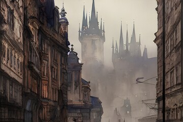 panorama of the town prague color art.. - obrazy, fototapety, plakaty