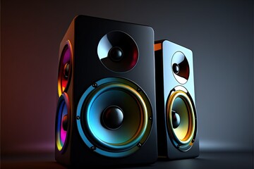 Two neon colored stereo speakers on dark background with reflection.Sound audio loud speakers, Generative ai illustration - obrazy, fototapety, plakaty