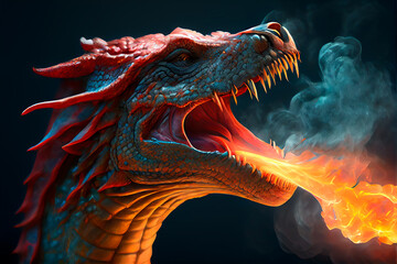 Fototapeta na wymiar Fire Dragon head breathing fire. Generative AI