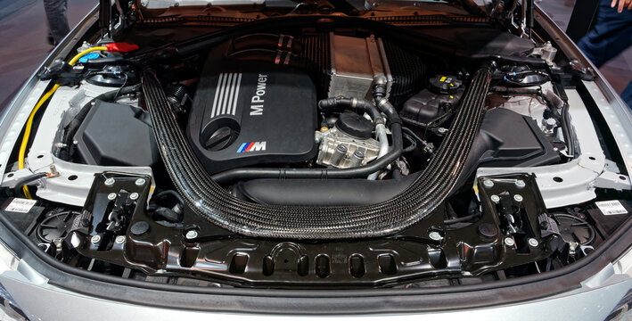 TORONTO, CANADA-FEBRUARY 25, 2017: BMW M4 engine at the 2017 Canadian International AutoShow in Toronto.