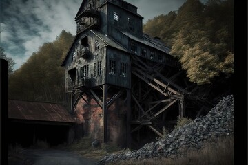 Old coal mine, vintage mining industry factory