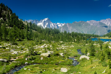 Beautiful valley of the Arpy Lake in front of the Mont Blanc,  Italy