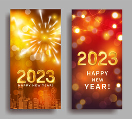 Happy New Year 2023. Greeting banners with golden festive lights and fireworks. Vector set.