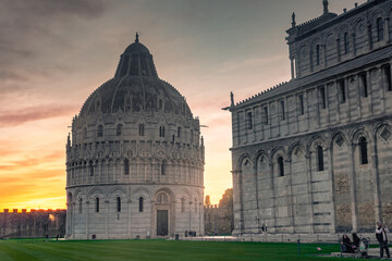 Pisa, Italy, 14 April 2022:  View of Pisa Baptistery at sunset