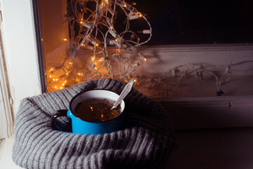 Christmas cup of tea, coffee, garlands