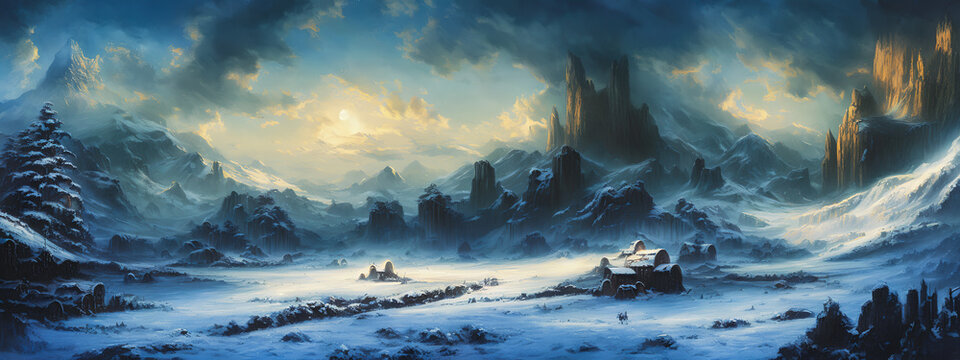 Painting of a grand, winter landscape with fantastical elements, evoking a sense of majesty. Trees and mountains in the background. Panorama.