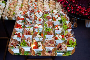 Food at a banquet for an aperitif. Presentation or wedding reception