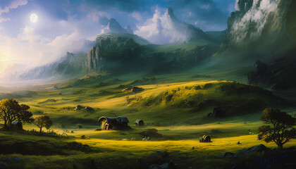 Painting of the panorama of the fantasy landscape depicts a valey and mountains bathed in the soft light of morning.Generative AI