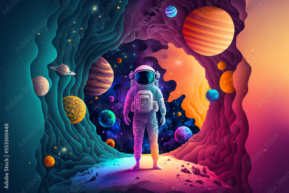 Wall mural illustration of an astronaut with universe background, generative ai