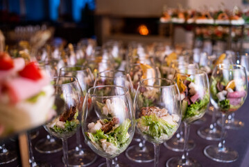Food at a banquet for an aperitif. Presentation or wedding reception