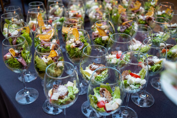 Food at a banquet for an aperitif. Presentation or wedding reception