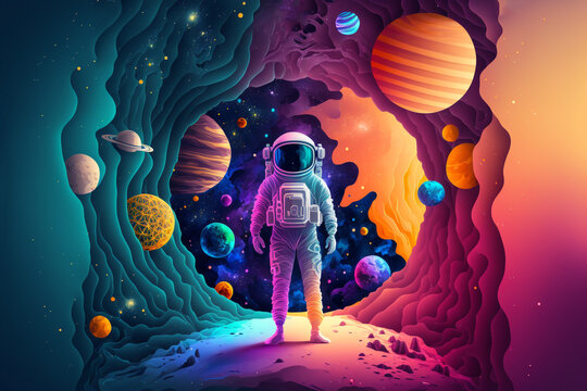 illustration of an astronaut with universe background, Generative Ai