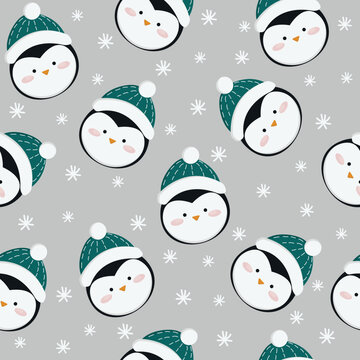 cute seamless pattern with a penguin in a hat. textures. hand drawn