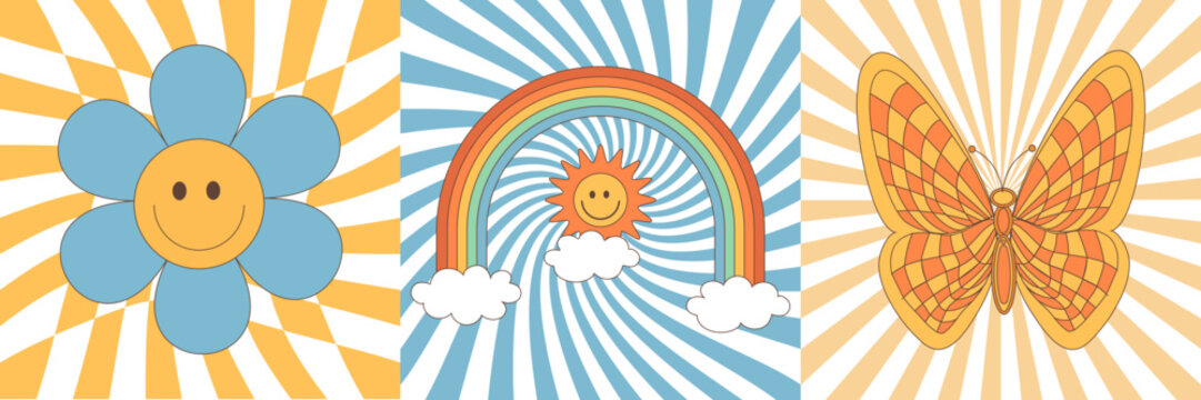 Groovy hippie 70s set. Funny cartoon flower, daisy, RAINBOW, BUTTERFLY, SUN etc. Sticker pack in trendy retro psychedelic cartoon style. Isolated vector illustration. good VIBES