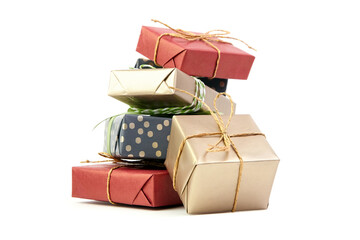 Gift boxes holiday present isolated on white. Colorful gift boxes stack. Christmas or birthday gift...
