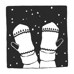 Vector hand-drawn illustration with hands in mittens against the background of snow. Sketch with cute winter accessories for stamp design.