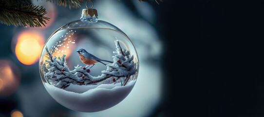 Christmas glass with cude tiny birds inside. New Year. Space for wishes, generative AI.