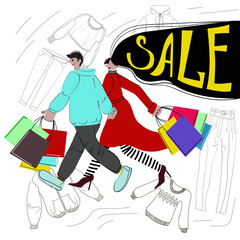 Guy and a girl are walking with shopping bags. There is an inscription on the girl's hair- Sale. Doodle-style clothes are painted on the background. Bright cartoon-style illustration. Vector 