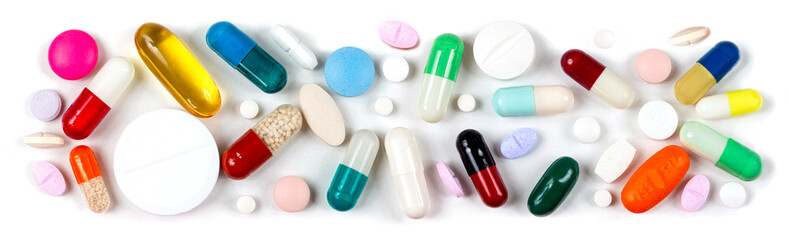 Drugs-Horizontal plane of capsules and tablets in macro seen from above