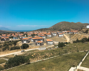 Fototapeta na wymiar Gökceada, Imbros Island city center view with buildings, Kaleköy village, Semadirek, Samothrace. It is the largest island in Turkey, in the north-northeast of the Aegean Sea.
