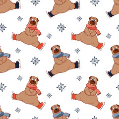 Cute seamless pattern with animal in warm scarf and figure skates 