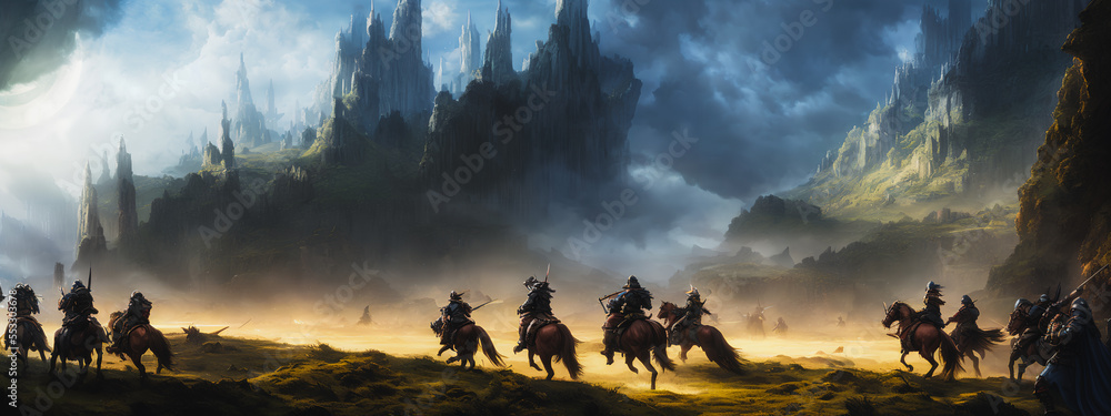 Wall mural painting of a knights on horseback in a fantasy landscape, charging onto the battlefield.generative 