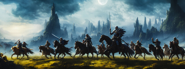 Painting of a knights on horseback in a fantasy landscape, charging onto the battlefield.Generative AI