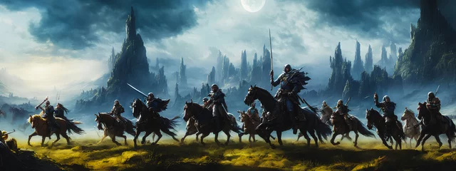Selbstklebende Fototapeten Painting of a knights on horseback in a fantasy landscape, charging onto the battlefield.Generative AI © 4K_Heaven
