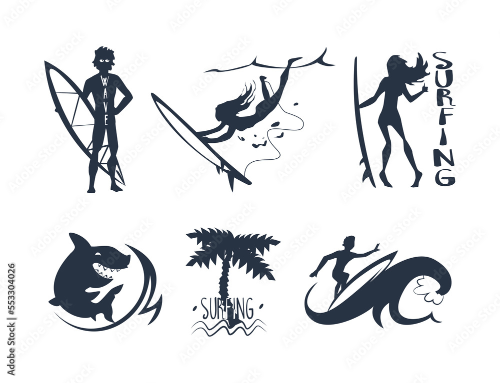 Poster black surfing silhouette with waves and woman riding on surfboard vector set