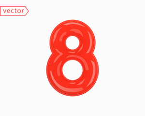 Number 8 Sign. Realistic Red Plastic Glossy 3D Number Eight isolated on white background. Birthday, Anniversary, Party, Christmas, Xmas, New year, Holiday Sale Concept. 3d vector illustration
