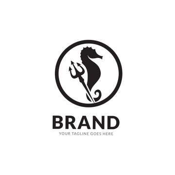 Logo neptune or poseidone on seahorse like a cowboy with trident. Isolated vintage marine logotype.