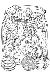Glass jar with Christmas gingerbread cookies, holiday baking. Pattern with winter hand-drawn decorative elements in vector. Coloring book page for adults. Black and white.