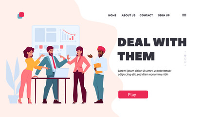 Business Team Conflict Landing Page Template. Angry Employees International Men and Women Quarrel and Fight