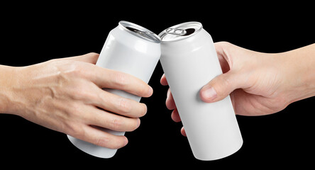 Fototapeta na wymiar Two hands clinking white aluminium beer cans, isolated on black background